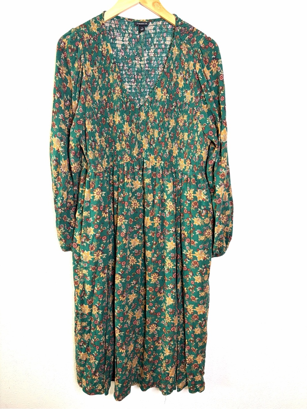 torrid Green Floral Smocked Midi Dress 1x long sleeve fall winter vneck